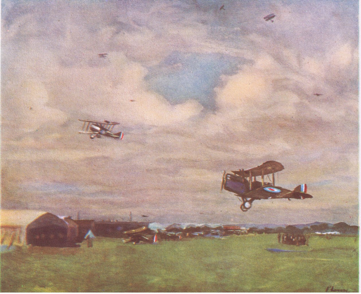 Lentopaikka vuonna 1918, Collinsin julkaisemasta Brittiseikkailusta vuodelta 1947. tekijältä John Lavery
