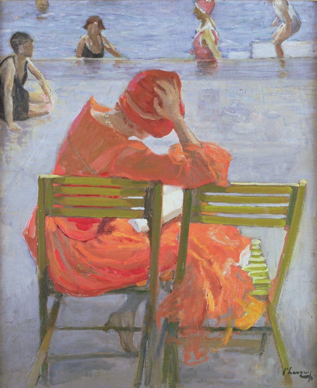 Tyttö punaisessa mekossa lukemassa uima-altaalla tekijältä John Lavery