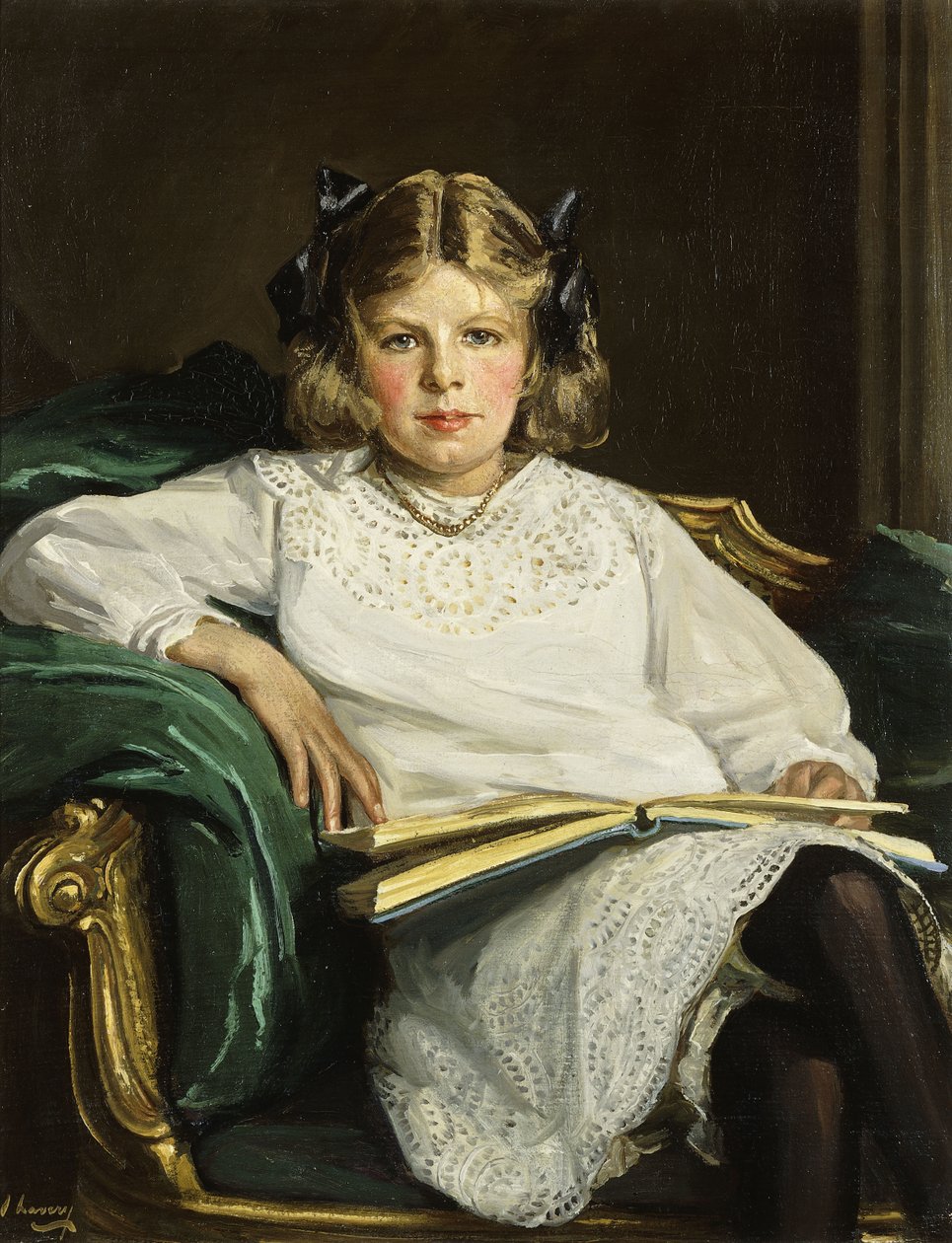 Bettyn muotokuva, kolme neljäsosaa istuen lukemassa kirjaa tekijältä John Lavery