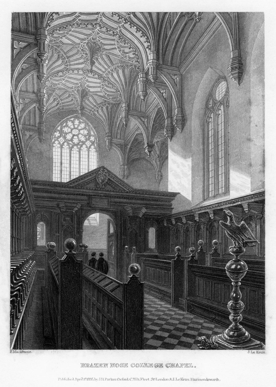 Brazen Nose Brasenose Collegen kappeli, Oxfordin yliopisto, 1835. tekijältä John Le Keux
