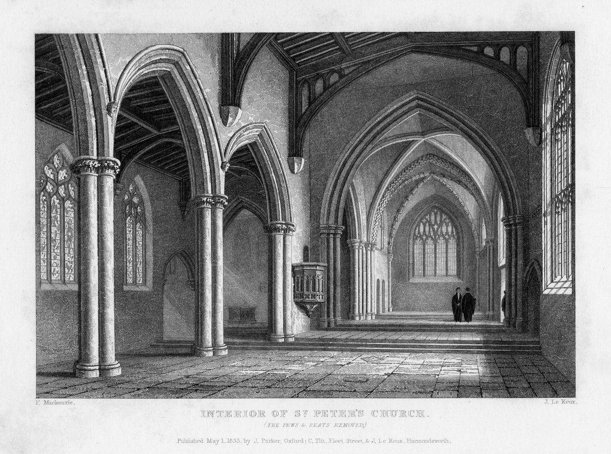 St Peters Churchin sisustus, Oxford, 1833. tekijältä John Le Keux