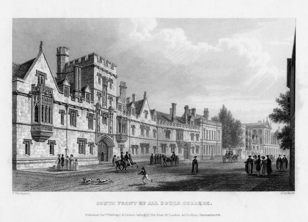 Oxfordin yliopiston All Souls Collegen etelärintama, 1834. tekijältä John Le Keux