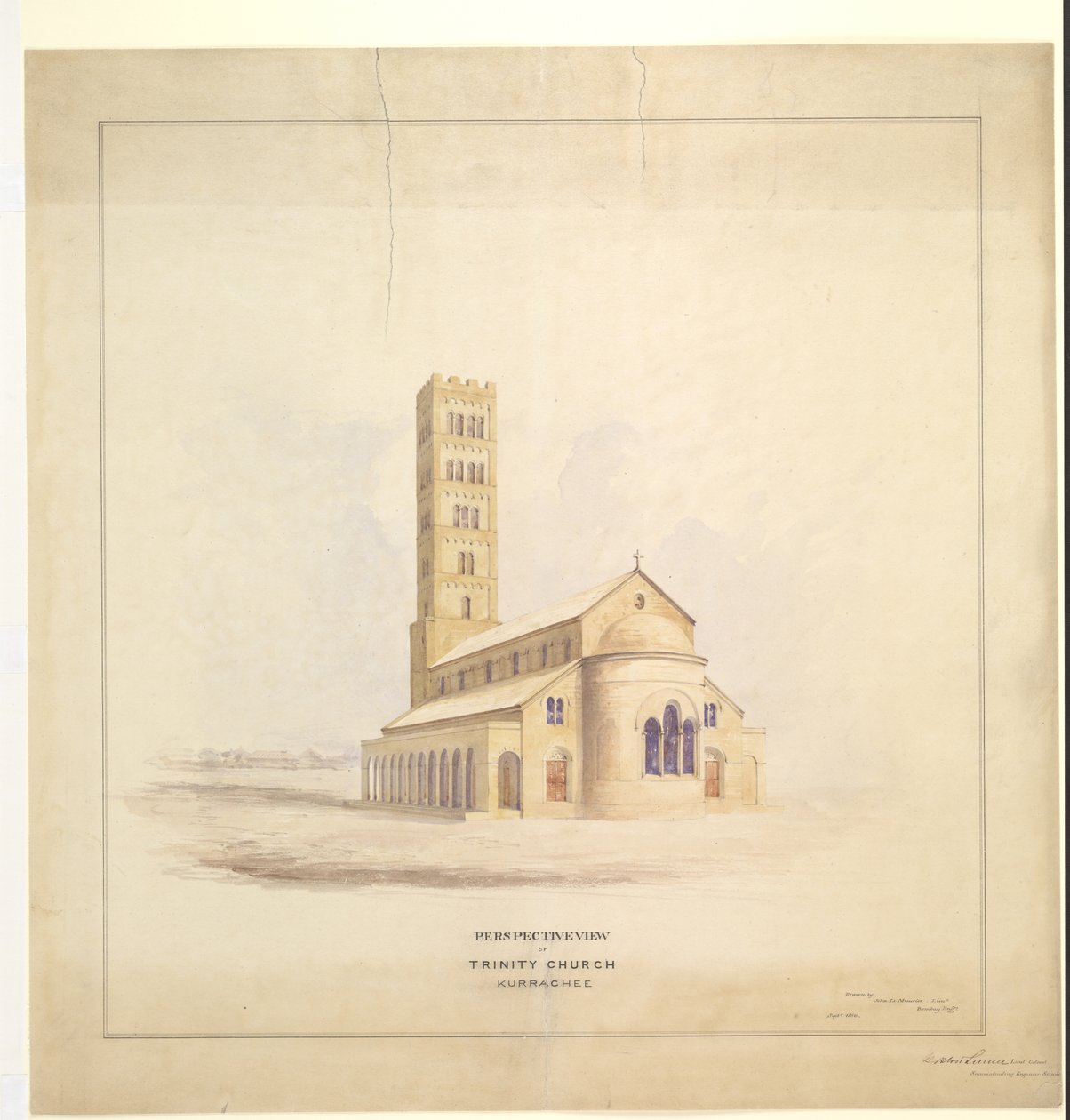 Trinity Church, Kurrachee (Karachi), syyskuu 1856 (akvarelli paperille) tekijältä John Le Mesurier