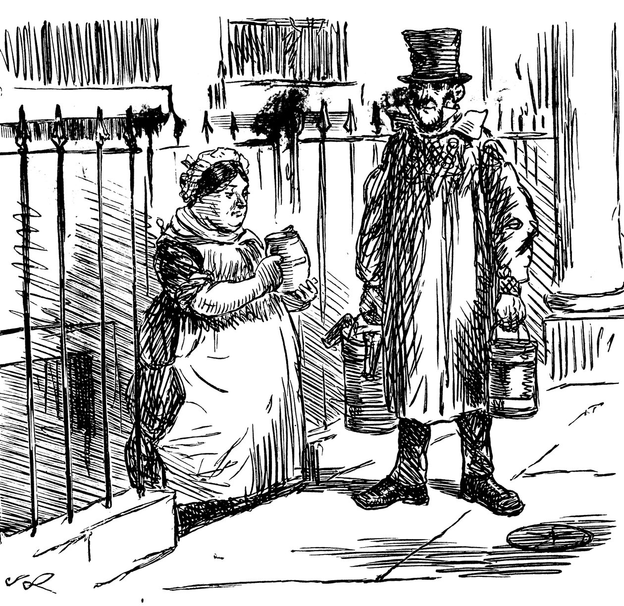 Sarjakuva, jossa kommentoitiin maidon vesittämistä sellaisiin mittasuhteisiin, että sen tarkistamiseksi oli saatava lainsäädäntöä. Kuvittanut John Leech (1817-1864), englantilainen karikaturisti ja kuvittaja tekijältä John Leech