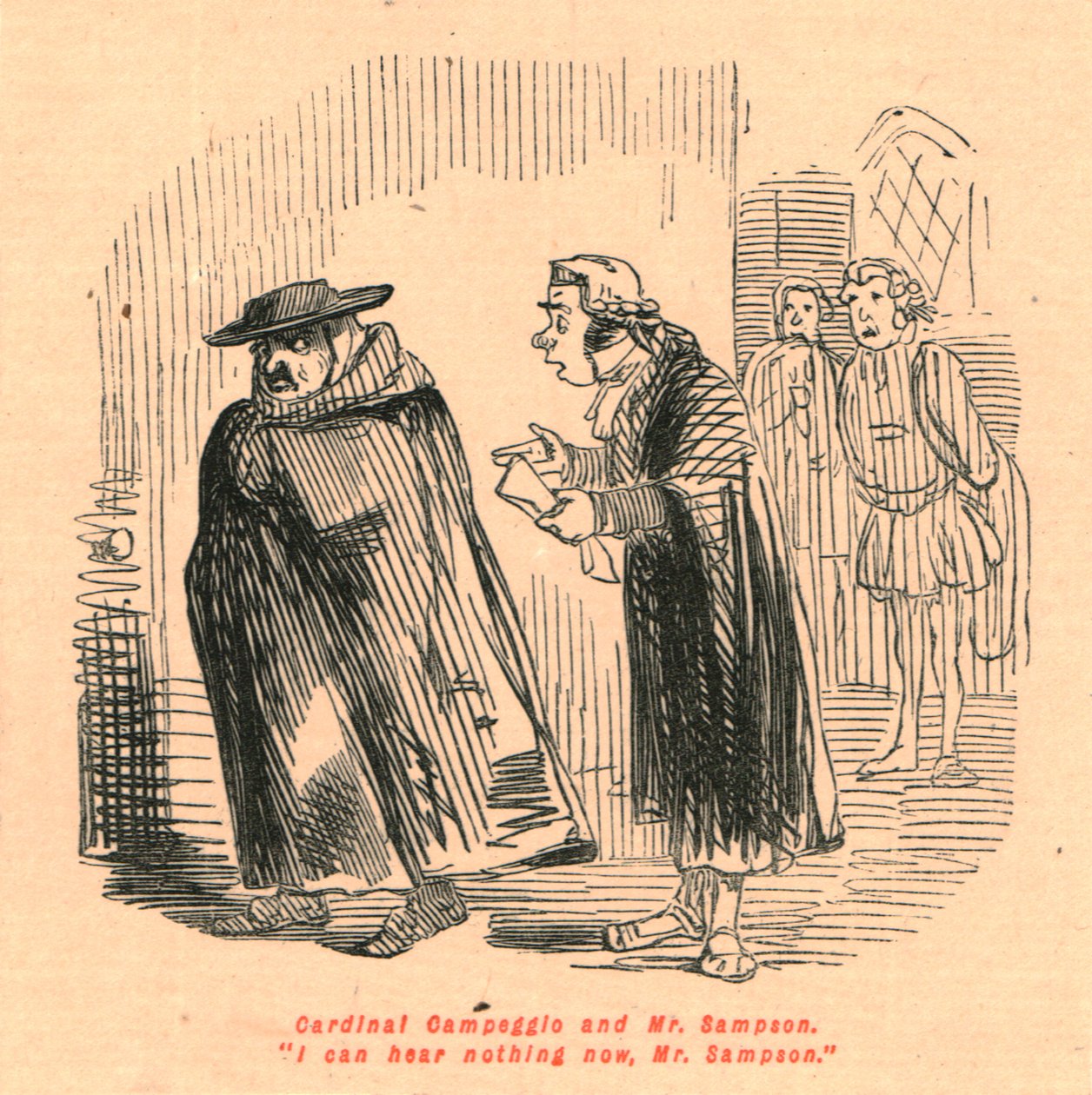 Kardinaali Campeggio ja herra Sampson. En kuule nyt mitään, herra Sampson, 1897. tekijältä John Leech