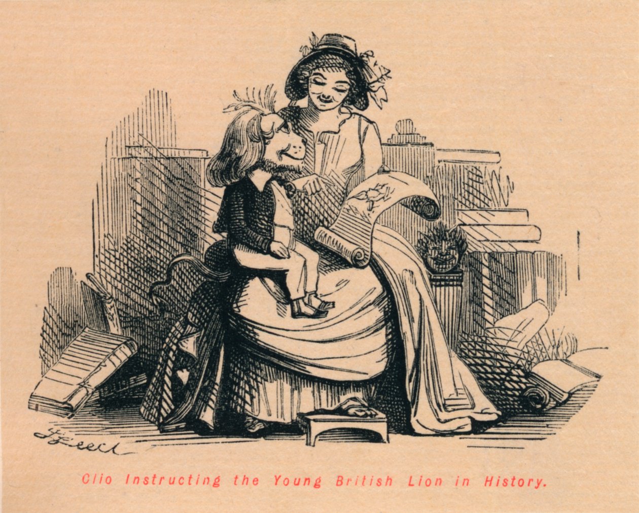 Clio ohjaa nuorta brittiläistä leijonaa historiassa, c1860, c1860 tekijältä John Leech