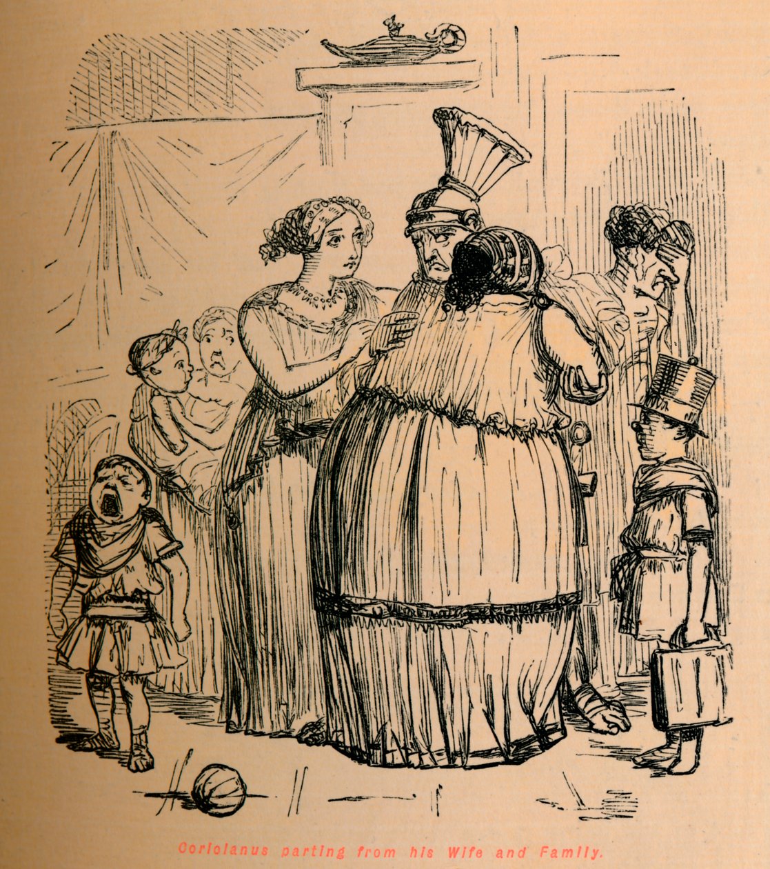 Coriolanus eroaa vaimostaan ja perheestään, 1852 tekijältä John Leech