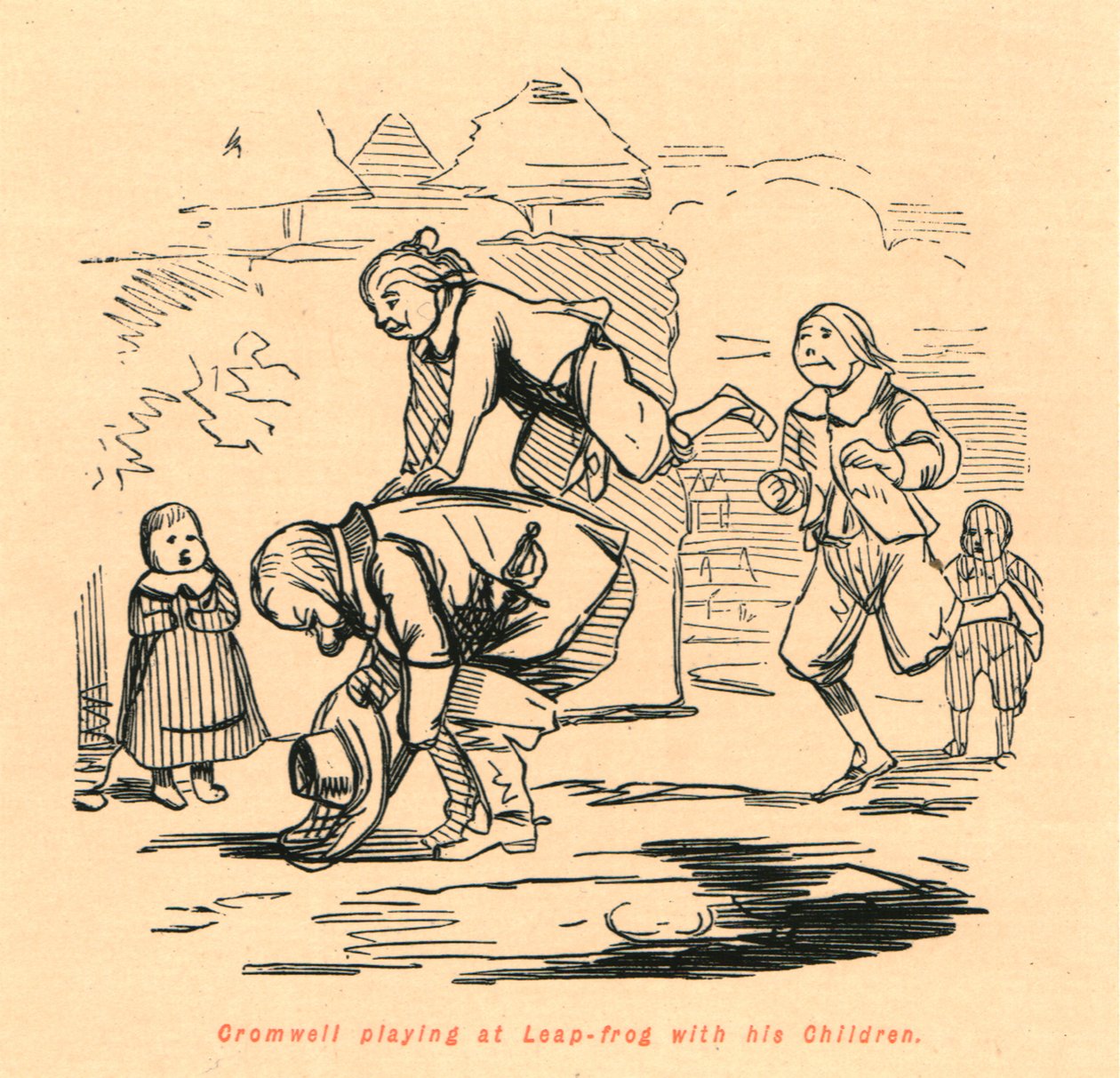 Cromwell leikkimässä Leap-frogissa lastensa kanssa, 1897. tekijältä John Leech