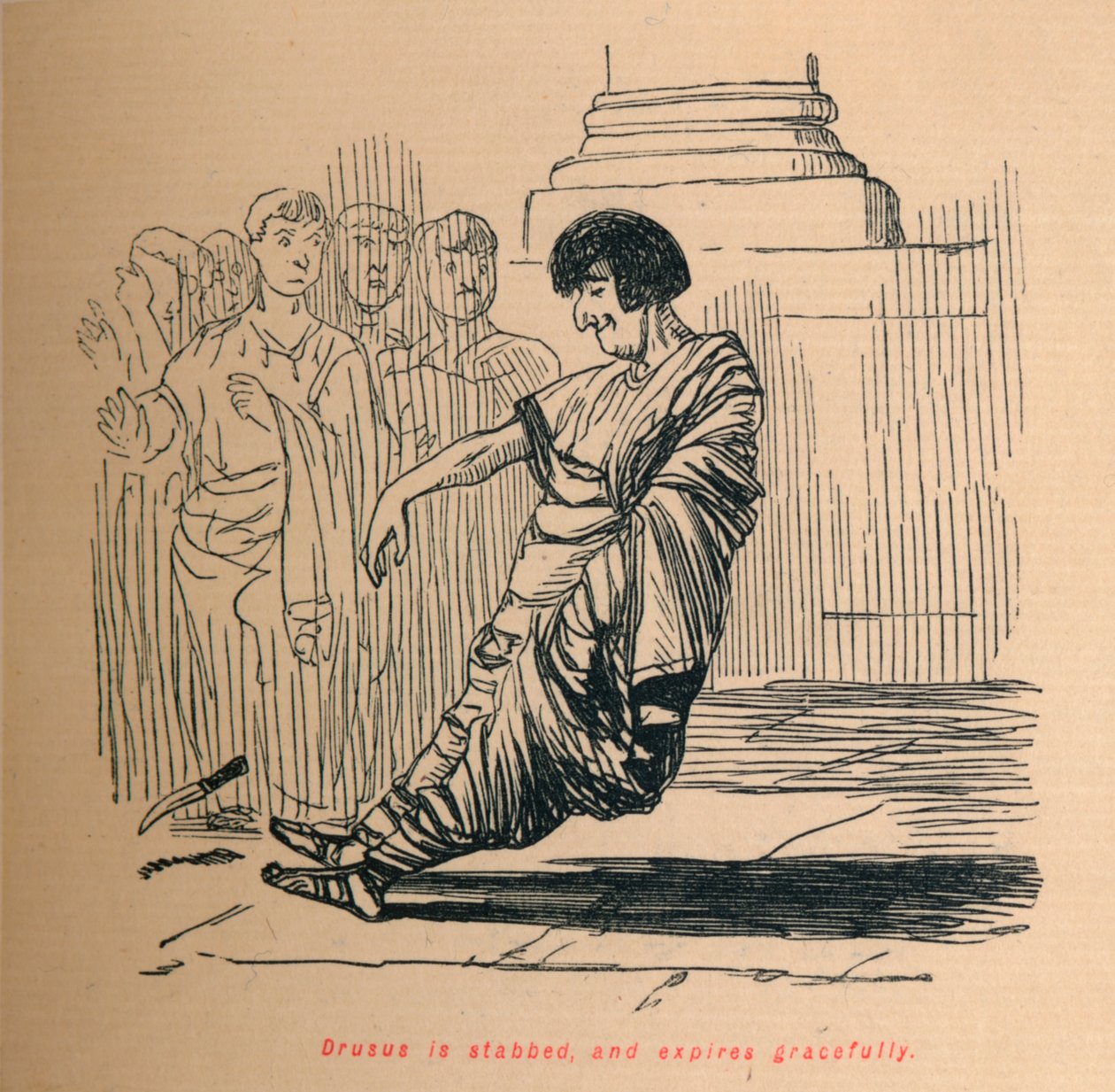 Drusus puukotetaan ja vanhenee kauniisti, 1852 tekijältä John Leech