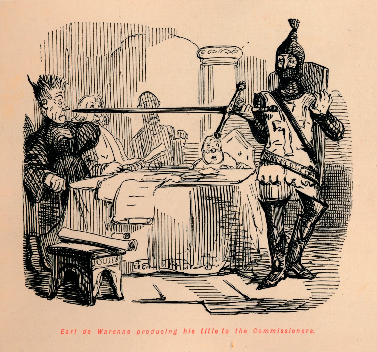 Earl de Warenne esittelee arvonimensä komissaareille, c1860, c1860 tekijältä John Leech