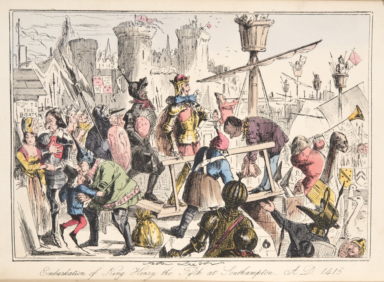 Henry V.:n alukseen Southamptonissa 1415 jKr., Englannin sarjakuvahistoriasta, pub. 1864 (käsinvärinen etsaus) tekijältä John Leech