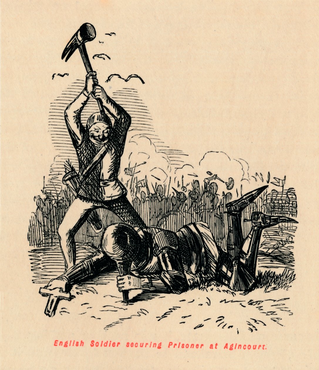 Englantilainen sotilas turvaa vankia Agincourtissa, c1860, c1860 tekijältä John Leech