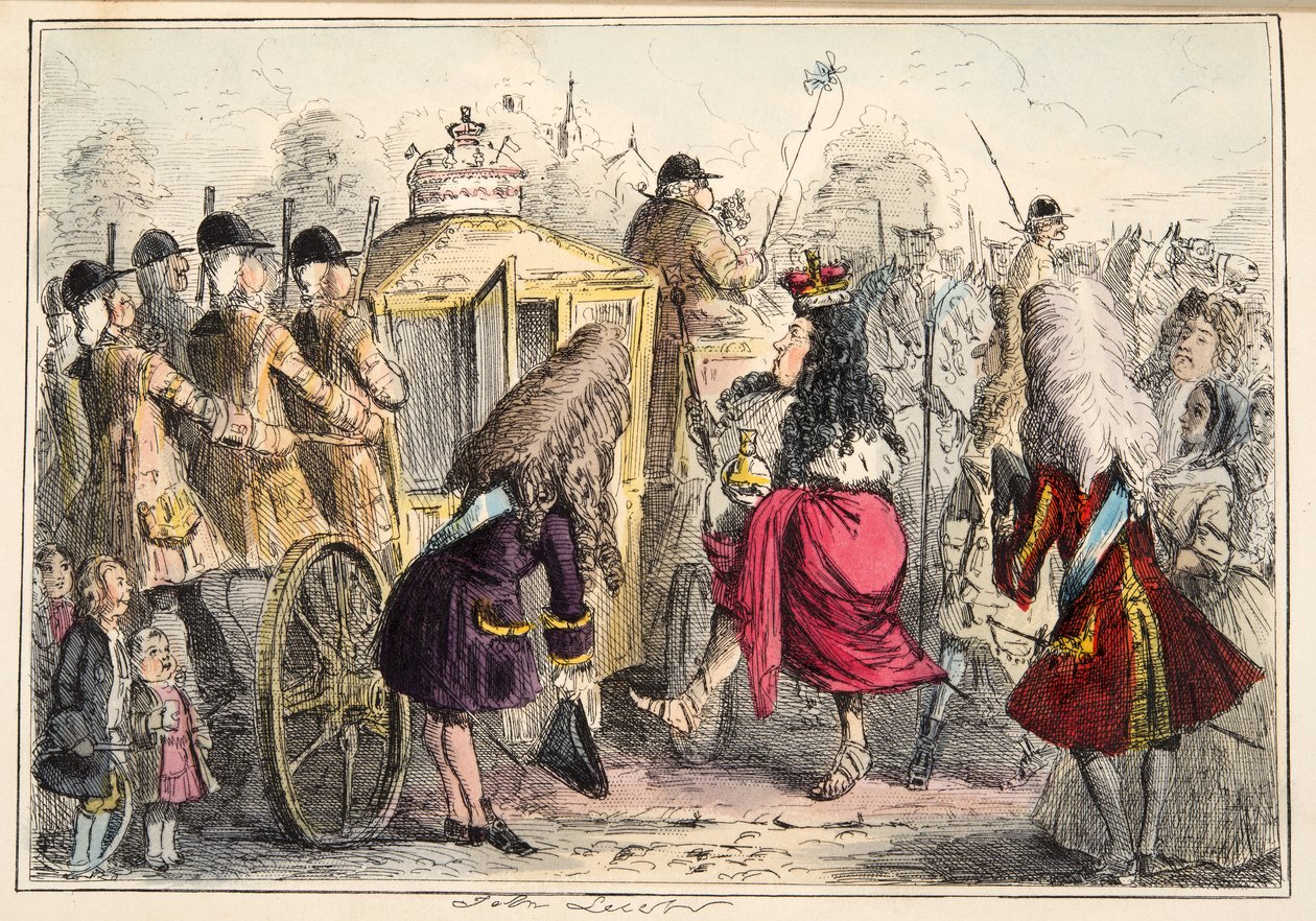Georgey Porgey ensimmäinen, joka lähtee ajelulle State Coachy Pachyssa, The Comic History of England -pubista. 1864 (käsinvärinen etsaus) tekijältä John Leech
