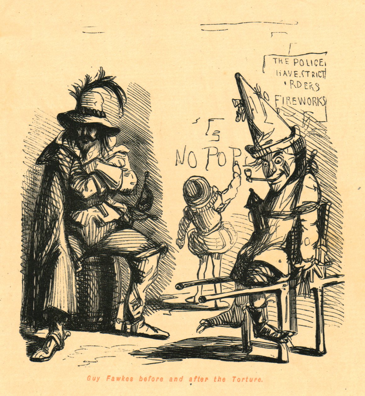 Guy Fawkes ennen ja jälkeen kidutuksen, 1897. tekijältä John Leech