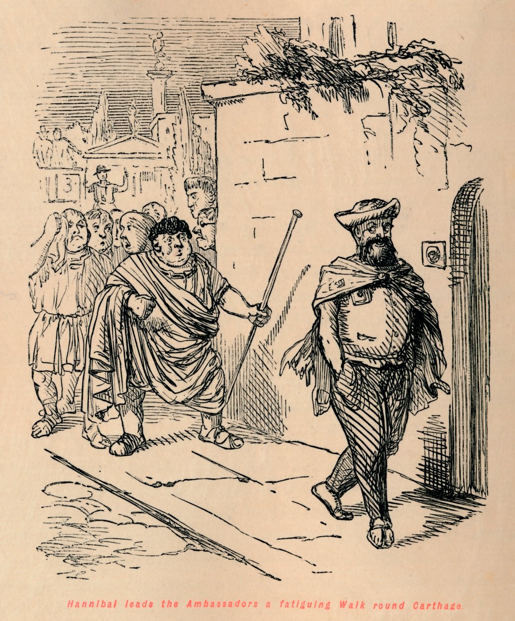 Hannibal johdattaa lähettiläitä väsyttävän kävelyn Carthagen ympäri, 1852 tekijältä John Leech