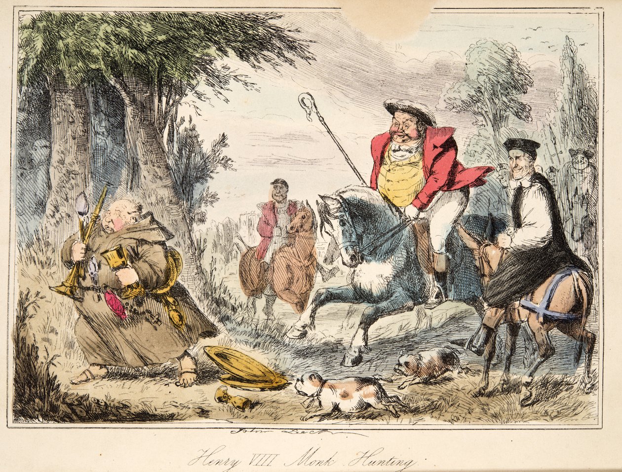 Henry VIII Monk-Hunting, Englannin sarjakuvahistoriasta, pub. 1864 (käsinvärinen etsaus) tekijältä John Leech