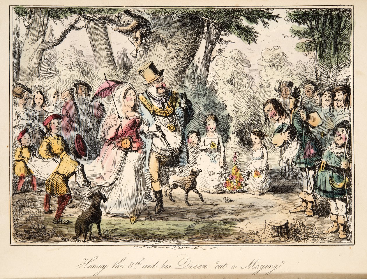 Henry VIII ja hänen Queen Out-a-Maying, Englannin sarjakuvahistoriasta, pub. 1864 (käsinvärinen etsaus) tekijältä John Leech