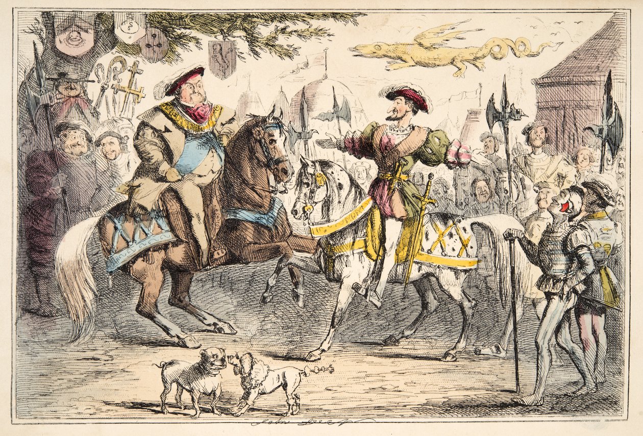 Henry VIII tapaa Francis I:n, Englannin sarjakuvahistoriasta, pub. 1864 (käsinvärinen etsaus) tekijältä John Leech
