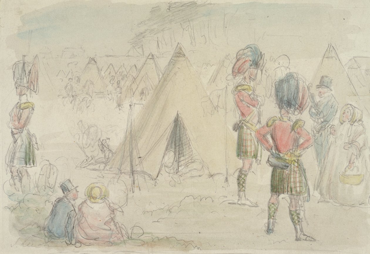 Highland rykmentti leirillä (wc ja grafiitti paperilla) tekijältä John Leech