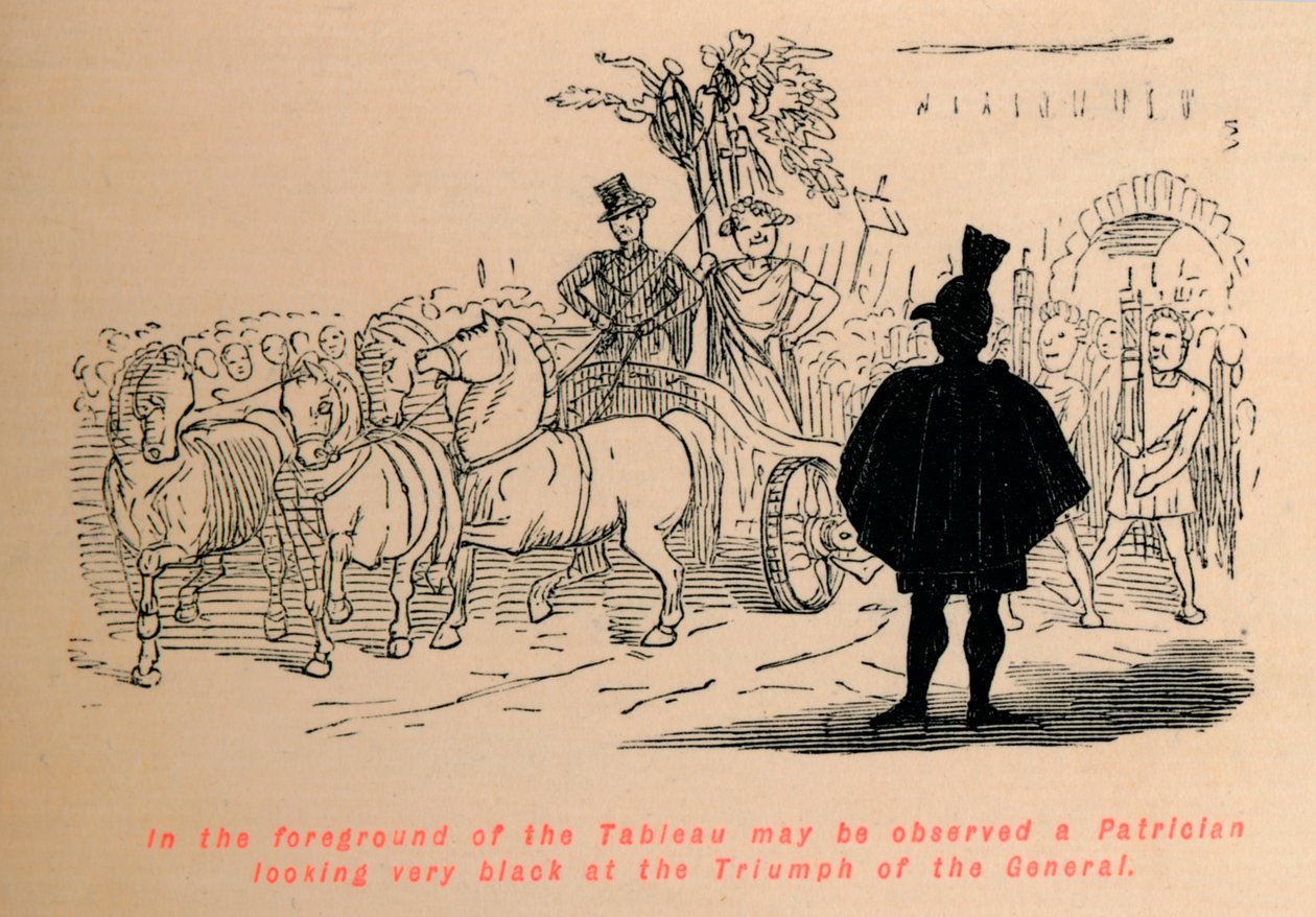 Tableaun etualalla voidaan havaita patriisilainen, joka näyttää hyvin mustalta t. tekijältä John Leech