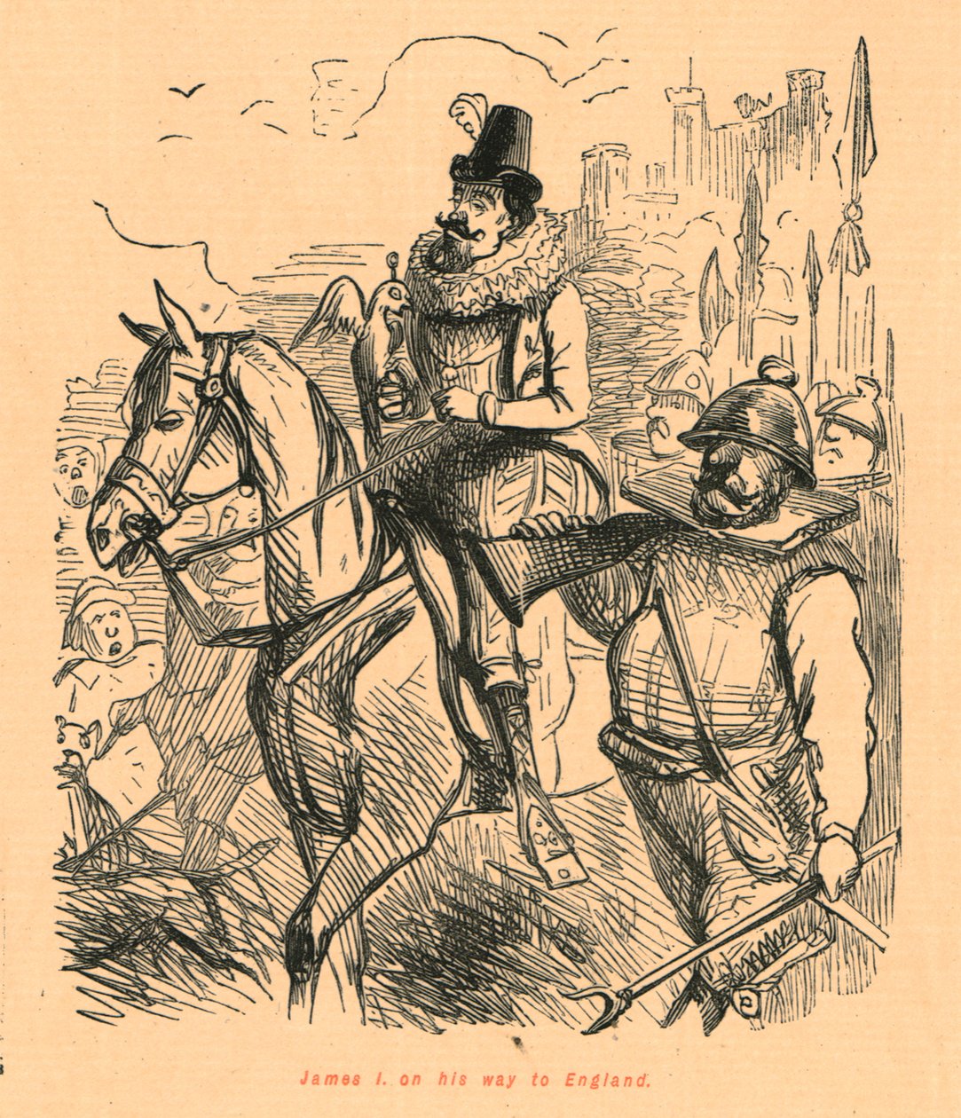 James I matkalla Englantiin, 1897. tekijältä John Leech