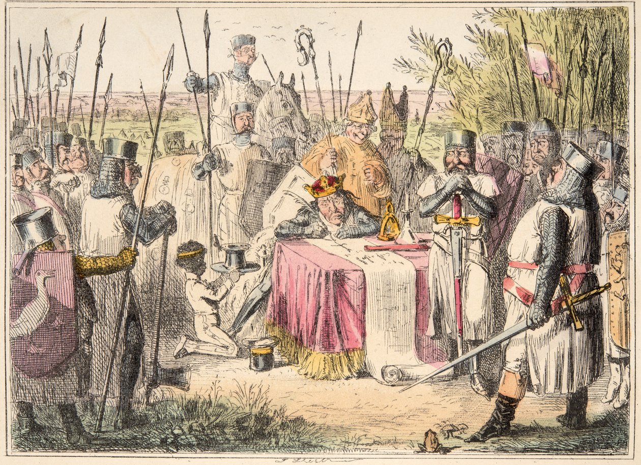 Kuningas Johannes allekirjoittamassa Magna Cartaa, teoksesta The Comic History of England, pub. 1864 (käsin väritetty etsaus) tekijältä John Leech