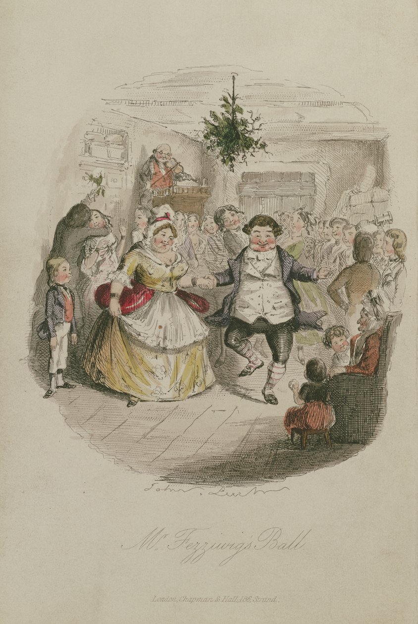 Mr Fezzywigs Ball, kuvitus Charles Dickensin (1812-1870) teoksesta A Christmas Carol, julkaistu 1843 (käsin väritetty kaiverrus). tekijältä John Leech
