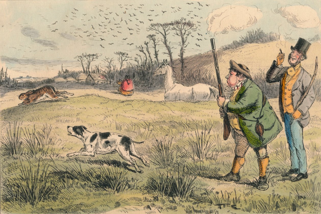 Mr. Jogglebury Crowdey koiransa ja aseensa kanssa, 1860-luku. tekijältä John Leech