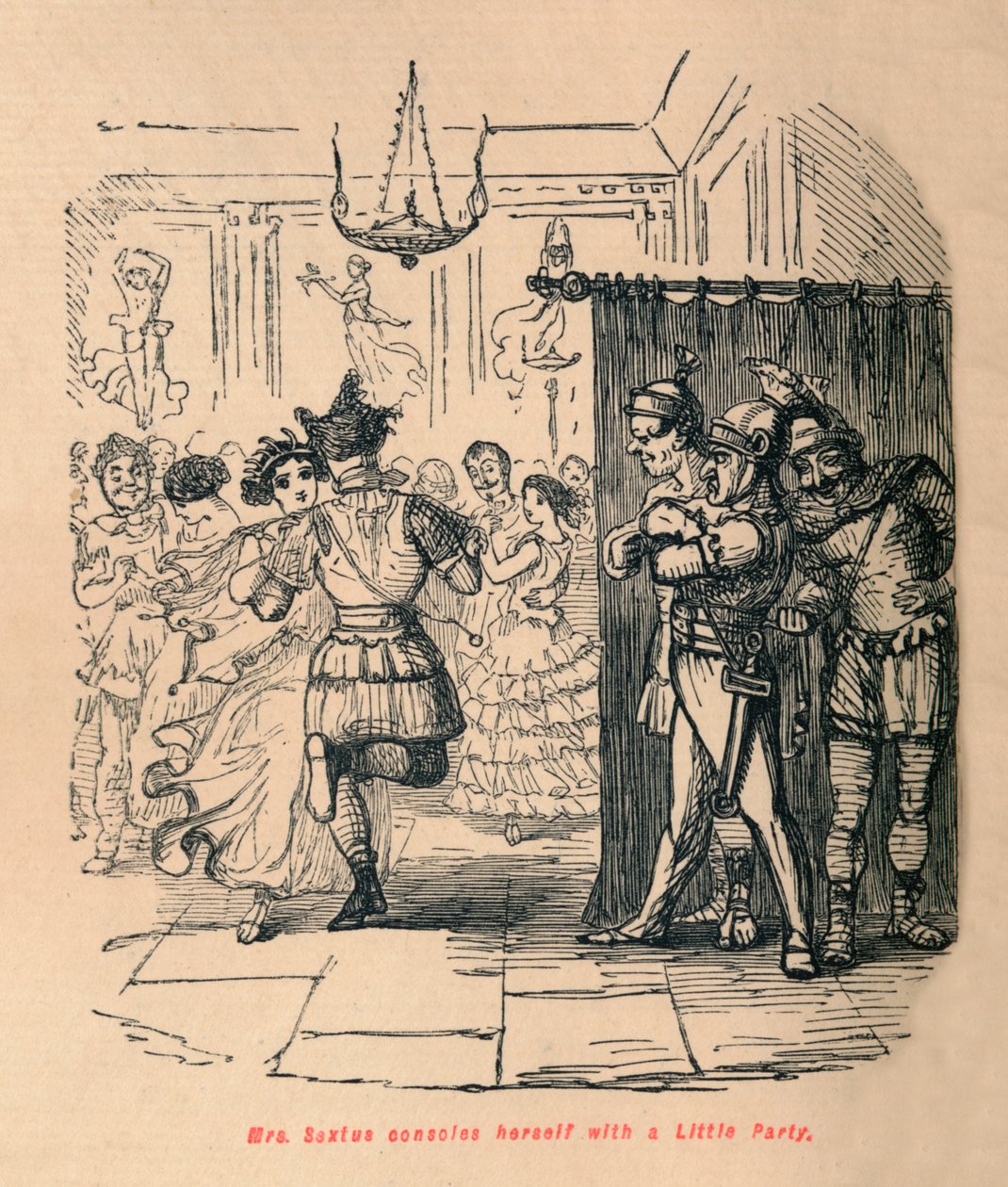 Rouva Sextus lohduttaa itseään pikkujuhlilla, 1852 tekijältä John Leech