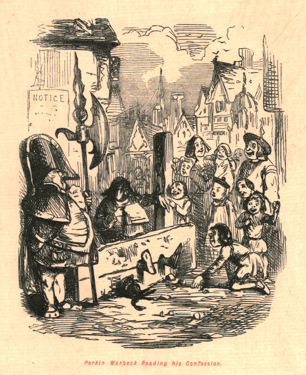 Perkin Warbeck lukemassa tunnustustaan, 1897. tekijältä John Leech