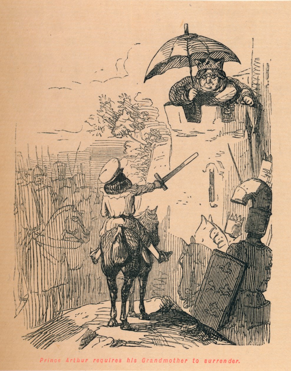 Prinssi Arthur vaatii isoäitinsä antautumaan, c1860, c1860 tekijältä John Leech