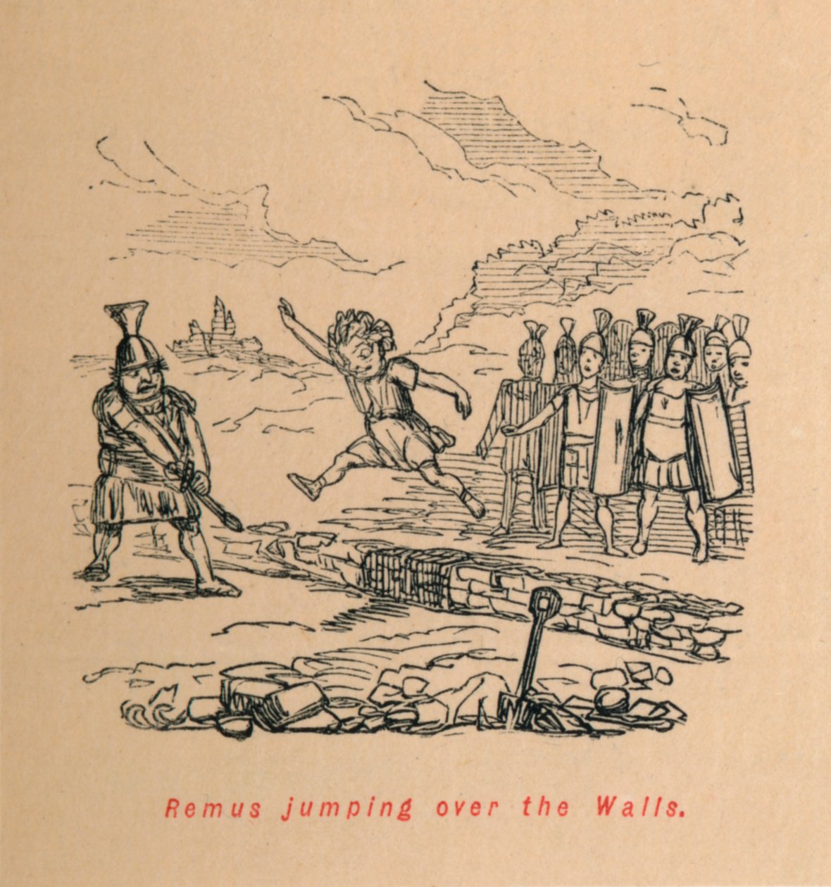 Remus hyppää seinien yli, 1852 tekijältä John Leech