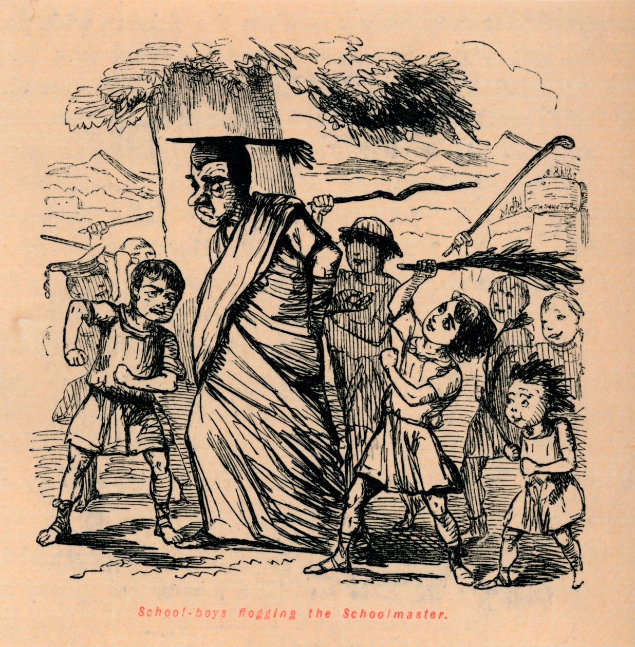 Koulupojat ruoskivat koulumestaria, 1852 tekijältä John Leech