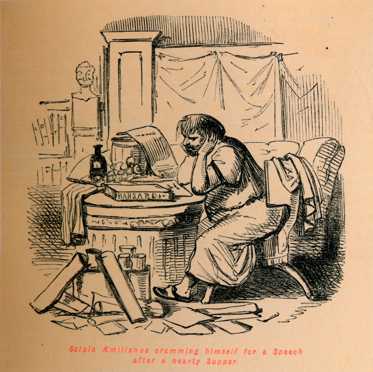 Scipio Aemilianus kokoaa itsensä puheeseen runsaan illallisen jälkeen, 1852 tekijältä John Leech
