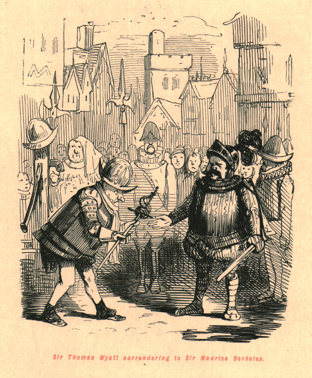 Sir Thomas Wyatt antautumassa Sir Maurice Berkeleylle, 1897. tekijältä John Leech