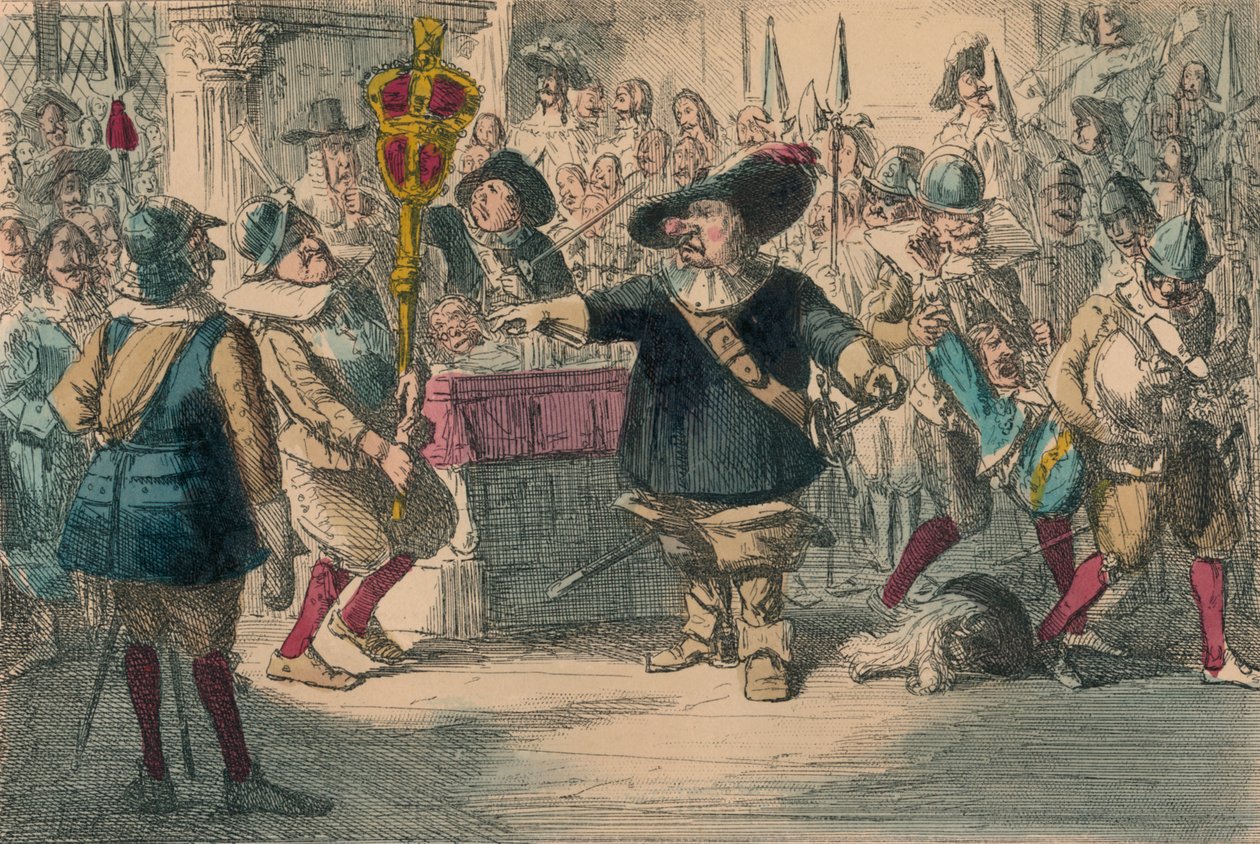 Ottakaa pois tuo koru: Cromwell hajottaa pitkän parlamentin, 1850 tekijältä John Leech