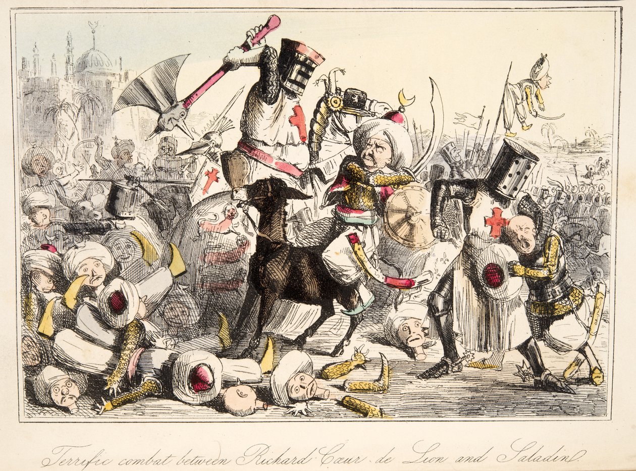 Mahtava taistelu Richard Coeur de Lionin ja Saladinin välillä, The Comic History of England, pub. 1864 (käsin väritetty etsaus) tekijältä John Leech