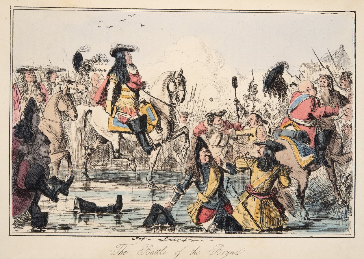 The Battle of the Boyne, Englannin sarjakuvahistoriasta, pub. 1864 (käsinvärinen etsaus) tekijältä John Leech