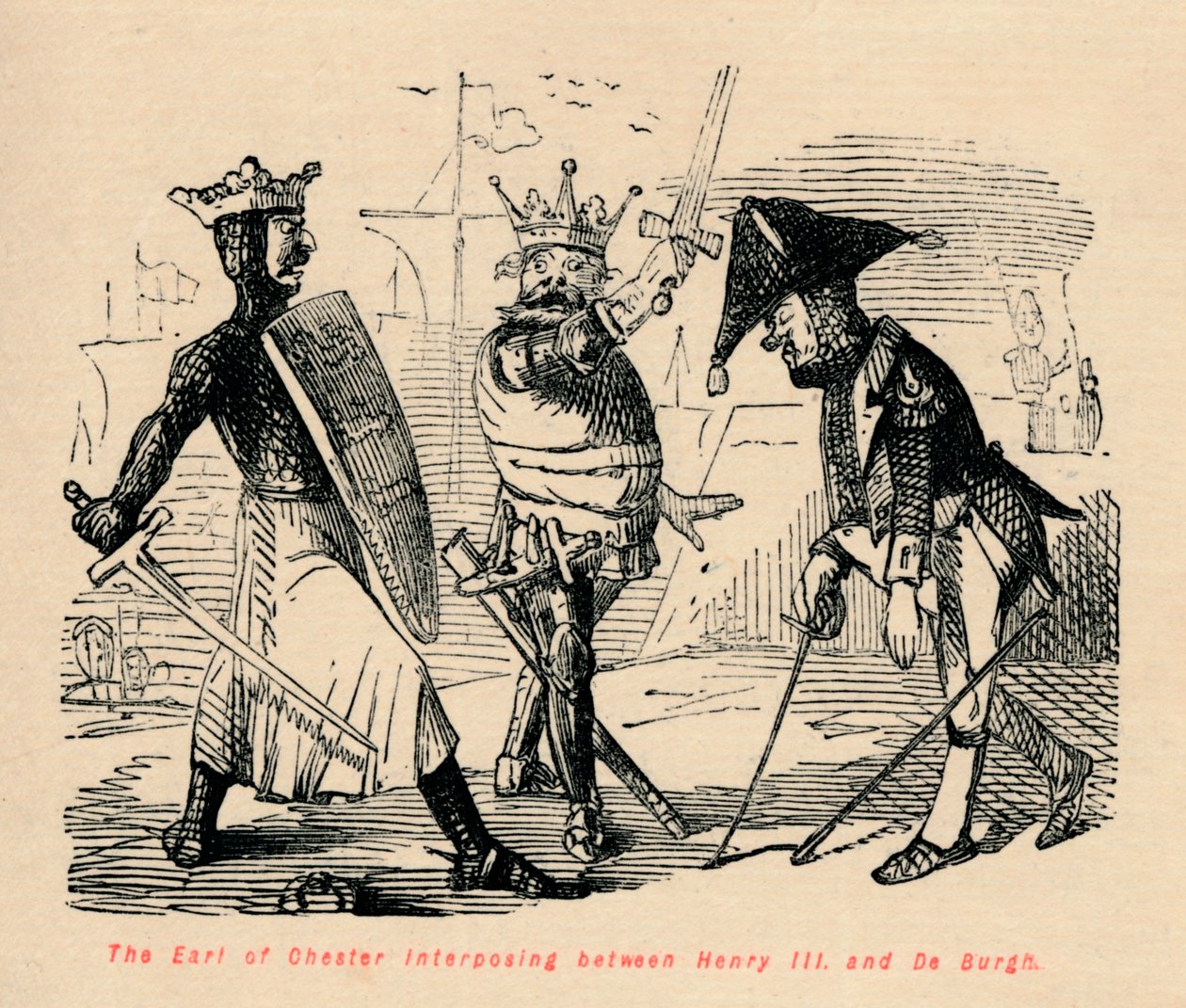 Earl of Chester välissä Henry III:n ja De Burghin välissä, c1860, c1860 tekijältä John Leech