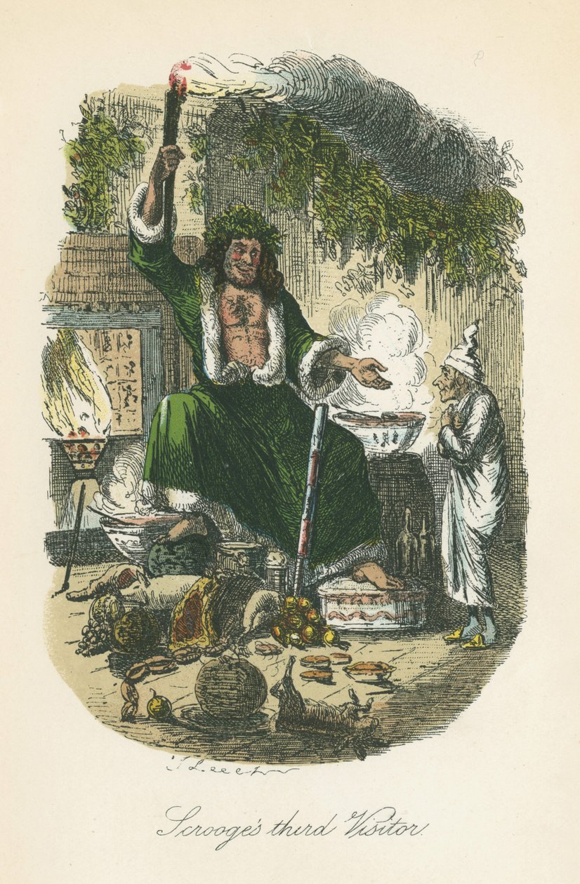 Joululahjan haamu ilmestyy Scroogelle. John Leechin (1817-64) kuvitus Charles Dickensille Joululaulu, Lontoo 1843-1834. tekijältä John Leech