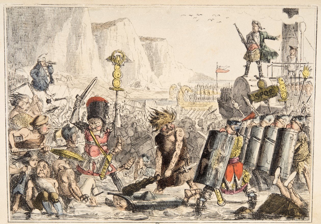 Julius Caesarin laskeutuminen Englannin sarjakuvahistoriasta, pub. 1864 (käsinvärinen etsaus) tekijältä John Leech