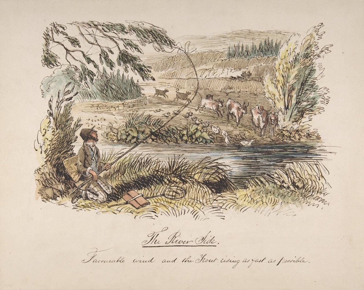 Joenvarsi, suotuisa tuuli ja taimen nousemassa niin nopeasti kuin mahdollista, 1830-64. tekijältä John Leech