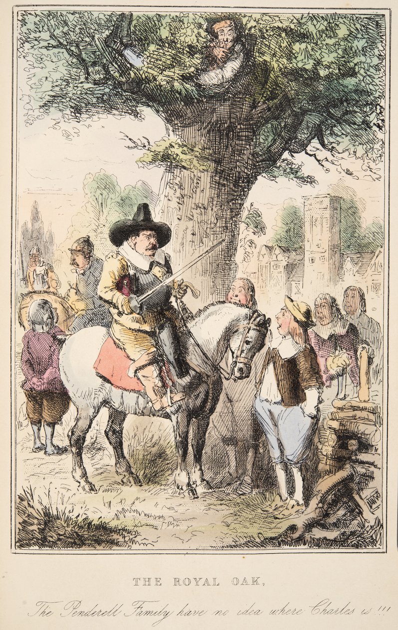 Kuninkaallinen tammi. Penderell-perheellä ei ole aavistustakaan, missä Charles on!!!, Englannin sarjakuvahistoriasta, pubista. 1864 (käsinvärinen etsaus) tekijältä John Leech