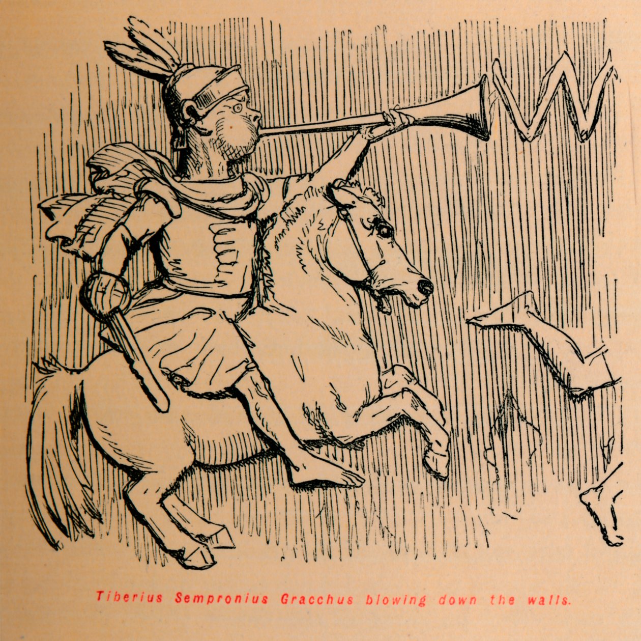 Tiberius Sempronius Gracchus puhaltamassa muureja, 1852 tekijältä John Leech