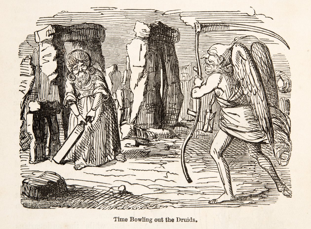 Time Bowling out the Druids, sarjakuva Englannin pubista. 1864 tekijältä John Leech