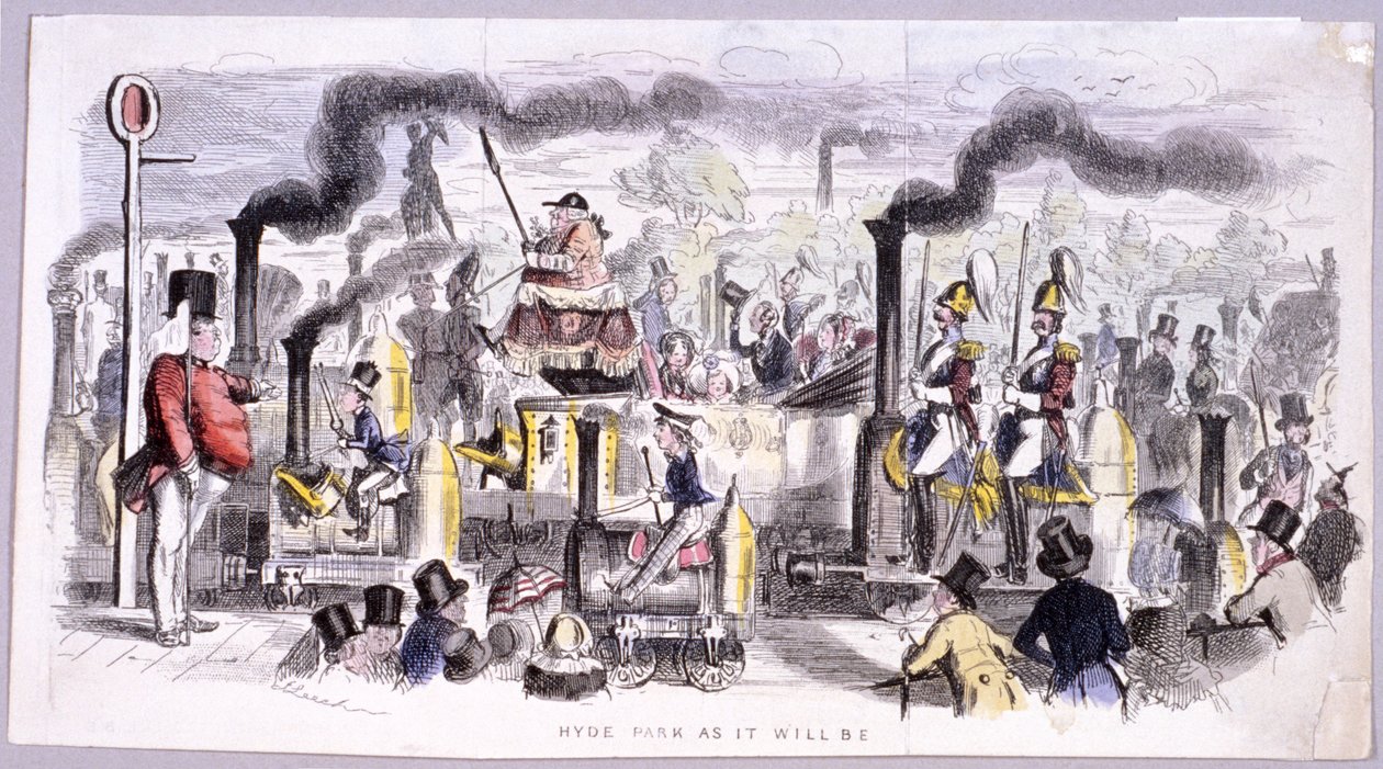 Näkymä Hyde Parkista, joka satiirisi höyryveturin tuloa, Lontoo, C1850 tekijältä John Leech