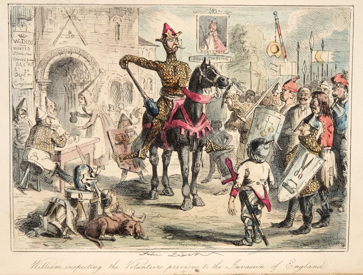 Vilhelm Valloittaja tarkastamassa vapaaehtoisia ennen Englannin valtausta, teoksesta The Comic History of England, pub. 1864 (käsin väritetty etsaus) tekijältä John Leech