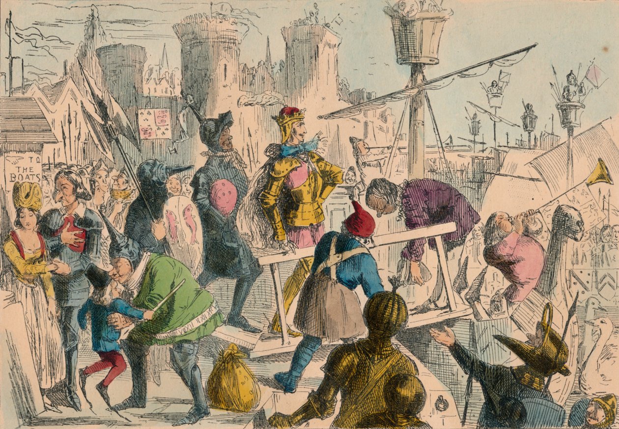 Kuningas Henrik Viidennen alukselle nousu Southamptonissa. A.D. 1415, 1850 tekijältä John Leech and Gilbert Abbott A Beckett