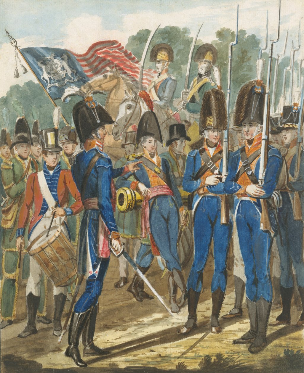 Kaupungin joukkojen ja muiden Philadelphian sotilaiden jäseniä, 1811-n. 1813. tekijältä John Lewis Krimmel
