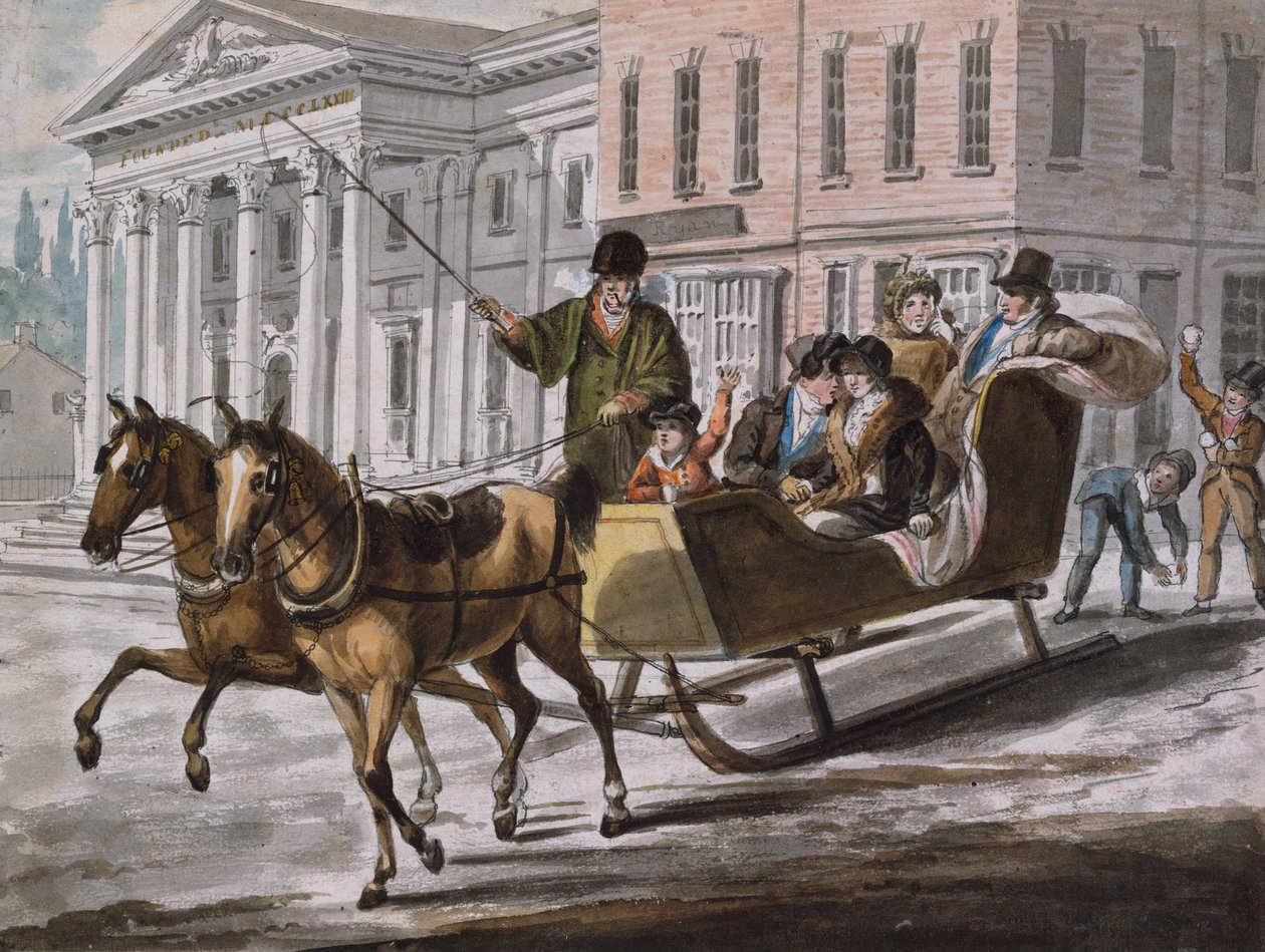 Talvimaisema Philadelphiassa – Yhdysvaltain keskuspankki taustalla, 1811-noin. 1813. tekijältä John Lewis Krimmel